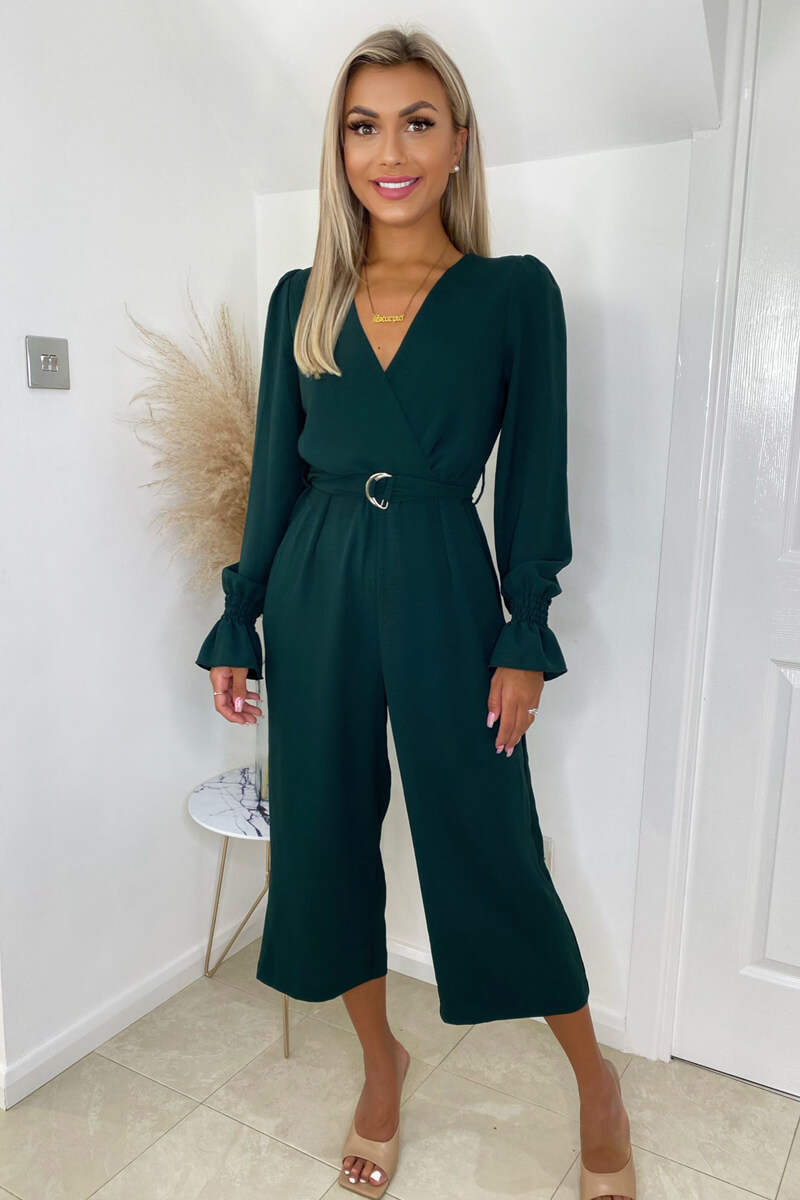 Kikodress - Teal Wrap Over Elasticated Cuff Belted Jumpsuit