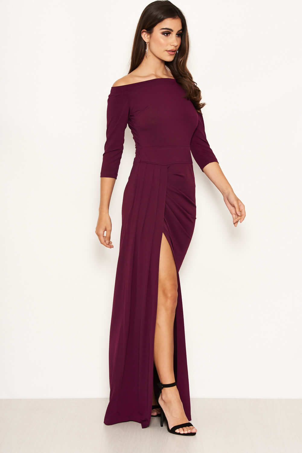 Kikodress - Plum Off The Shoulder Slit Maxi Dress