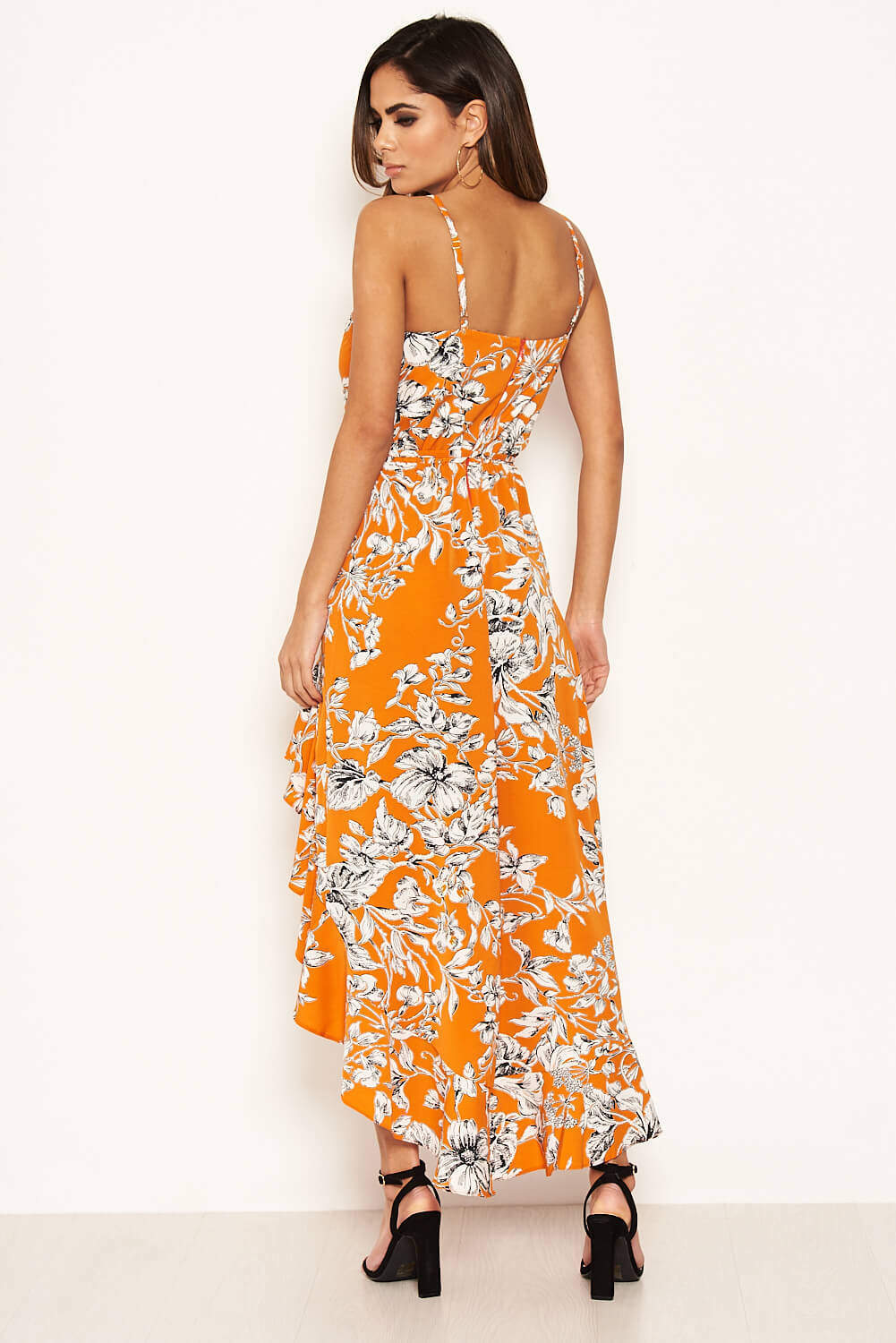 Kikodress - Orange Floral Frill Hem Dress with Tie Waist