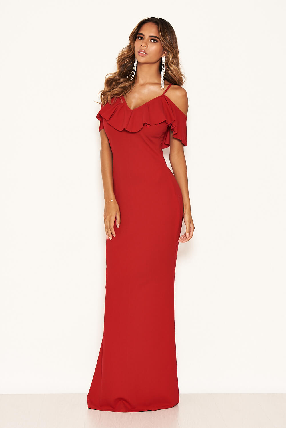 Kikodress - Red Frill Cold Shoulder Maxi Dress