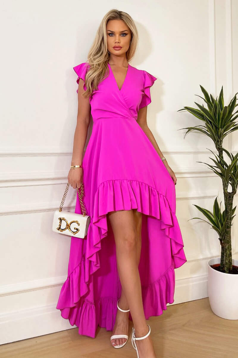 Kikodress - Hot Pink High Low Frill Hem V Neck Midi Dress