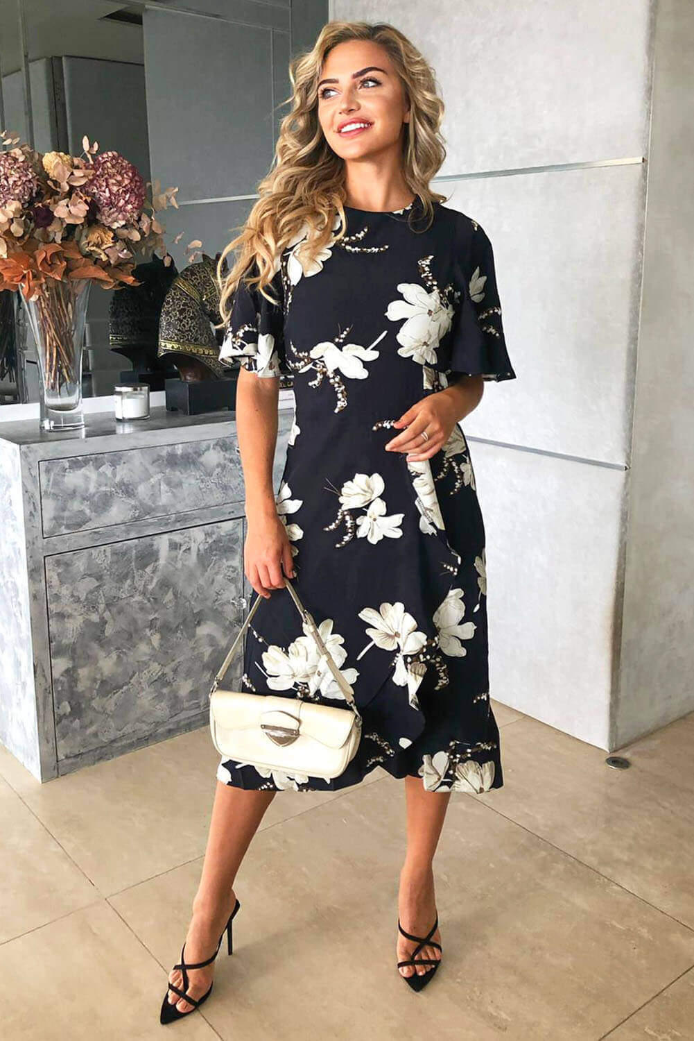 Kikodress - Navy Floral Gathered Frill Midi Dress