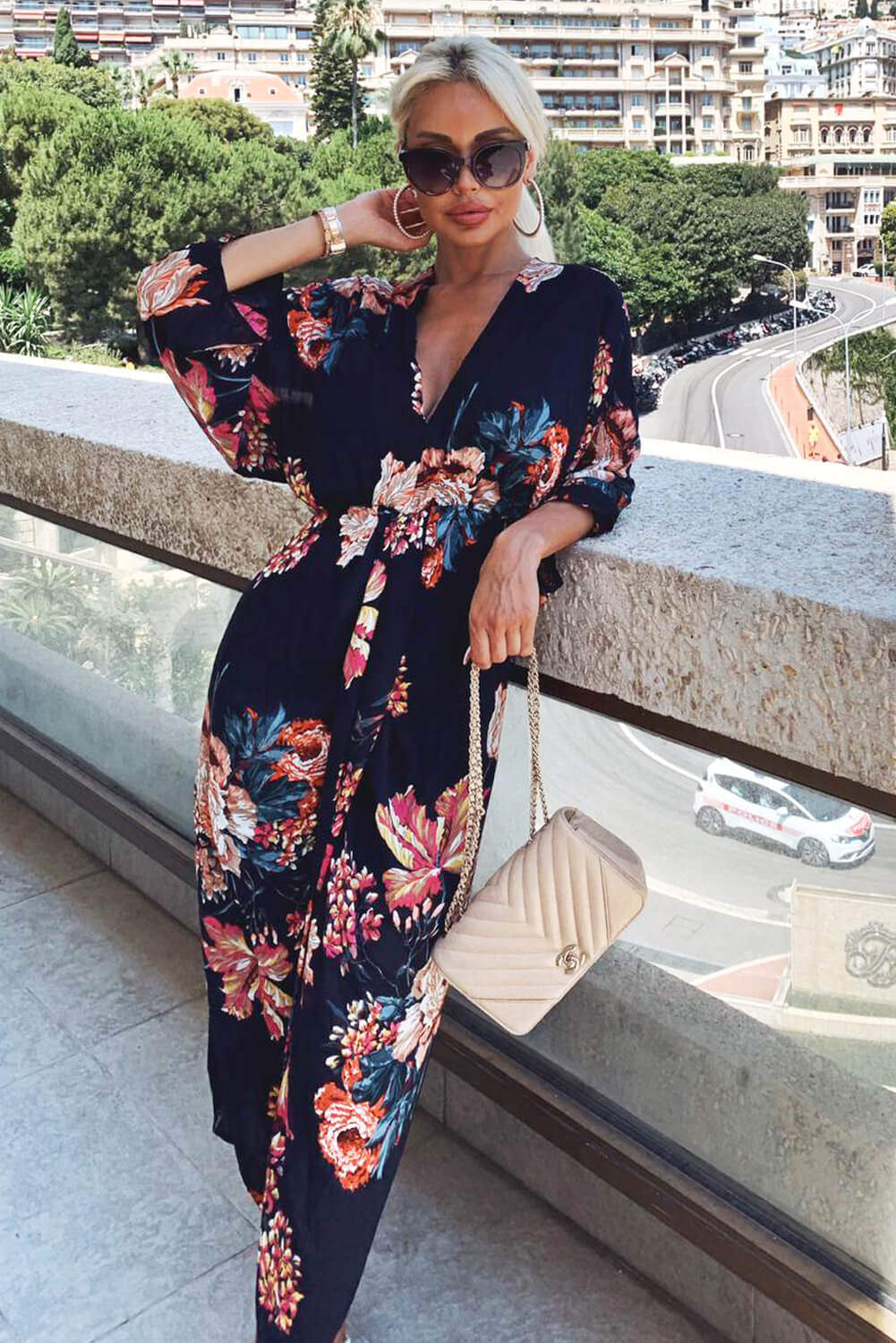 Kikodress - Navy Floral Kimono Sleeve Maxi Dress