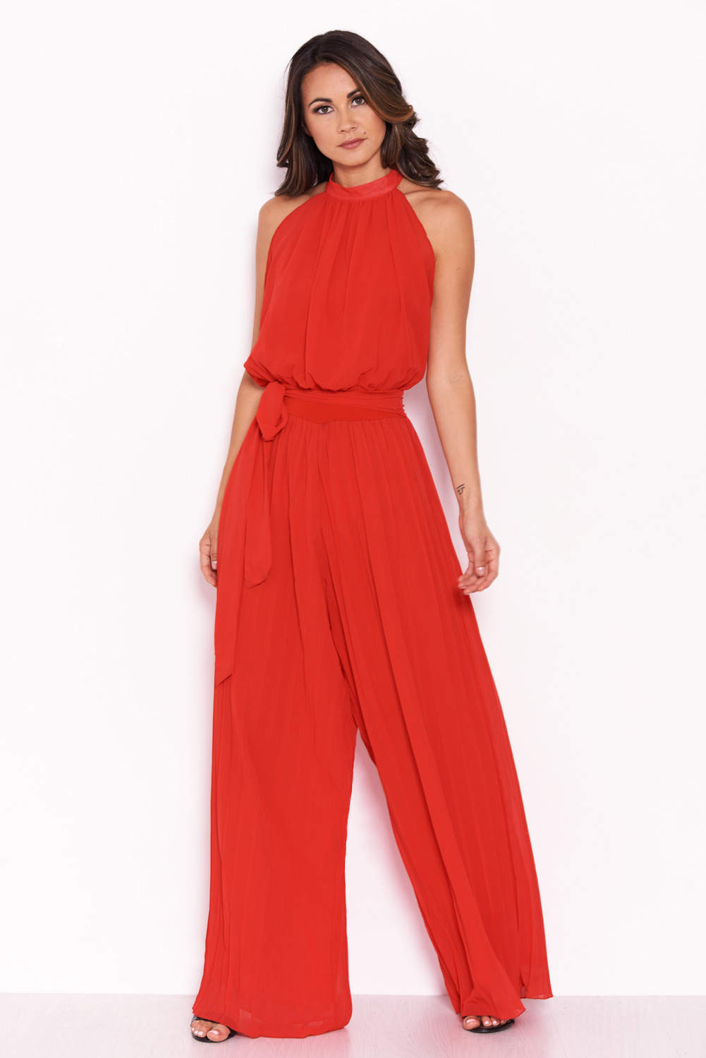 Kikodress - Red Pleated Choker Neck Jumpsuit