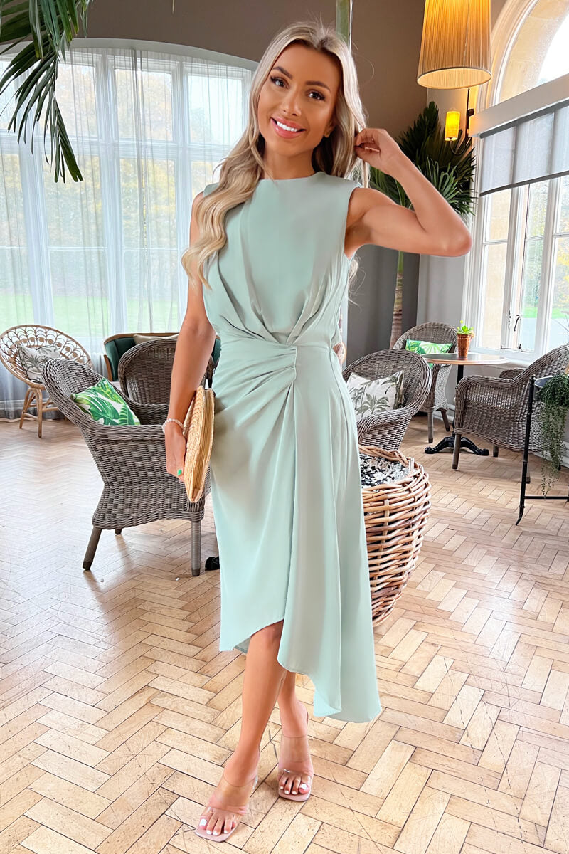 Kikodress - Duck Egg Gathered Midi Dress With Shoulder Pads