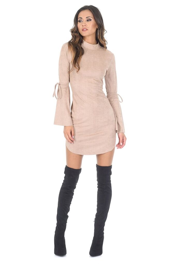 Kikodress - Stone Faux Suede Flare Sleeve Dress