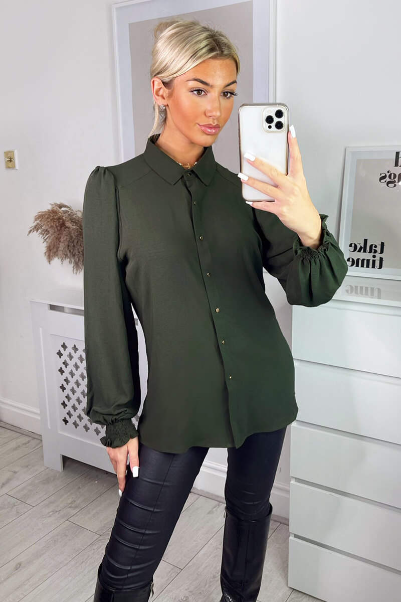 Kikodress - Olive Gold Button Up Elasticated Cuff Shirt