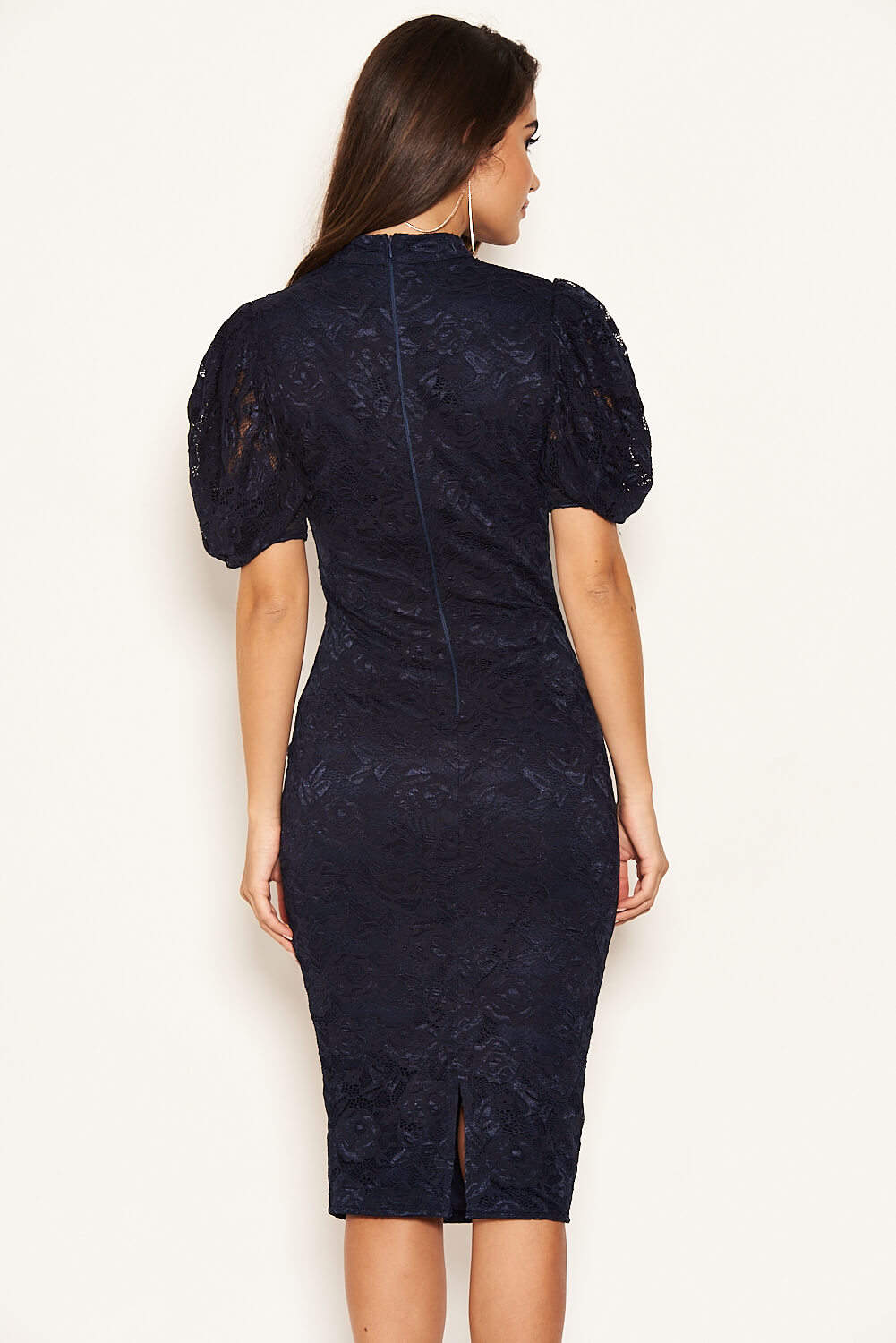 Kikodress - Navy Lace High Neck Puff Sleeve Midi Dress