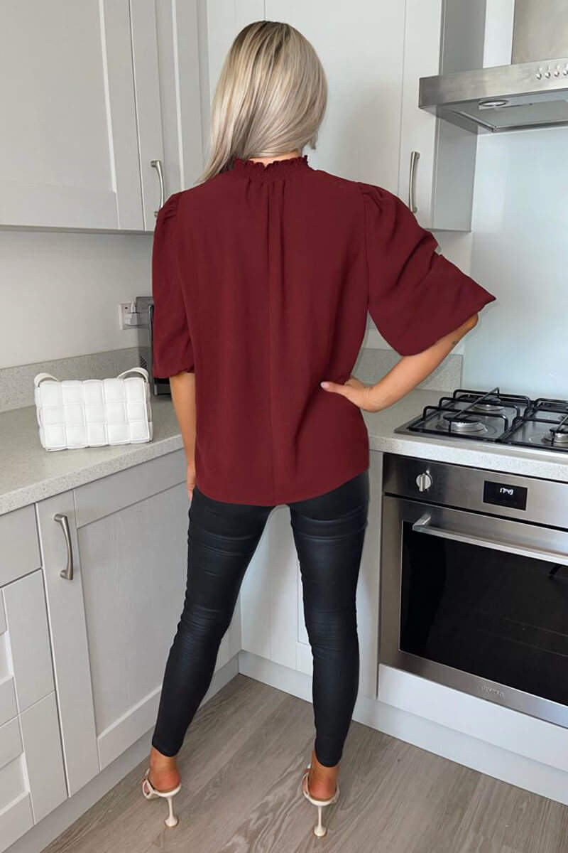 Kikodress - Wine Elasticated Neck Puff Sleeve Blouse