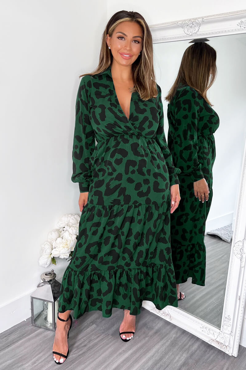 Kikodress - Green Leopard Print Long Sleeve Smock Midi Dress