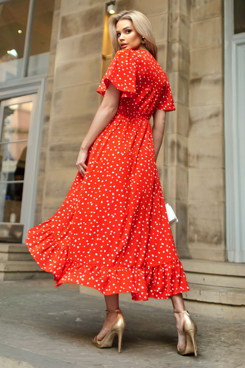Kikodress - Red And White Polka Dot Printed High Low Midi Dress