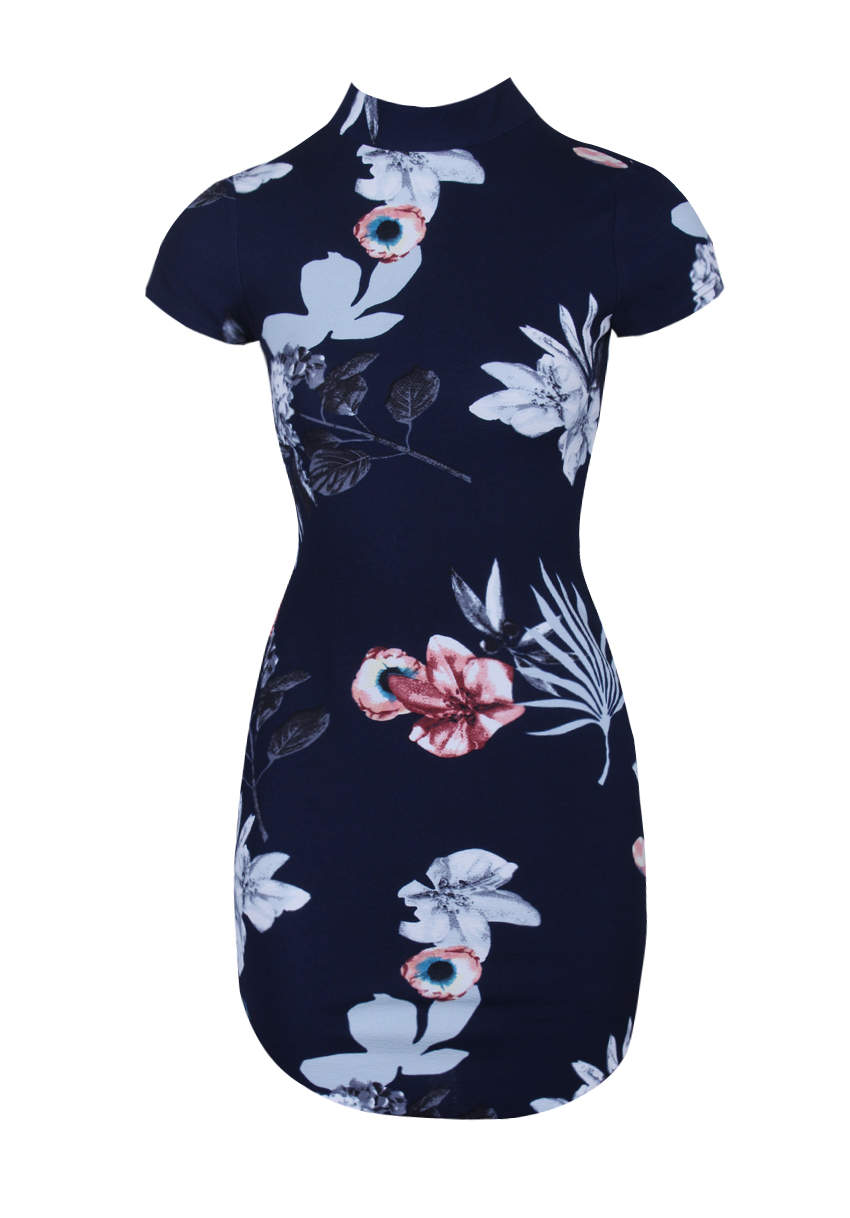 Kikodress - Navy Floral Print High Neck Mini Dress