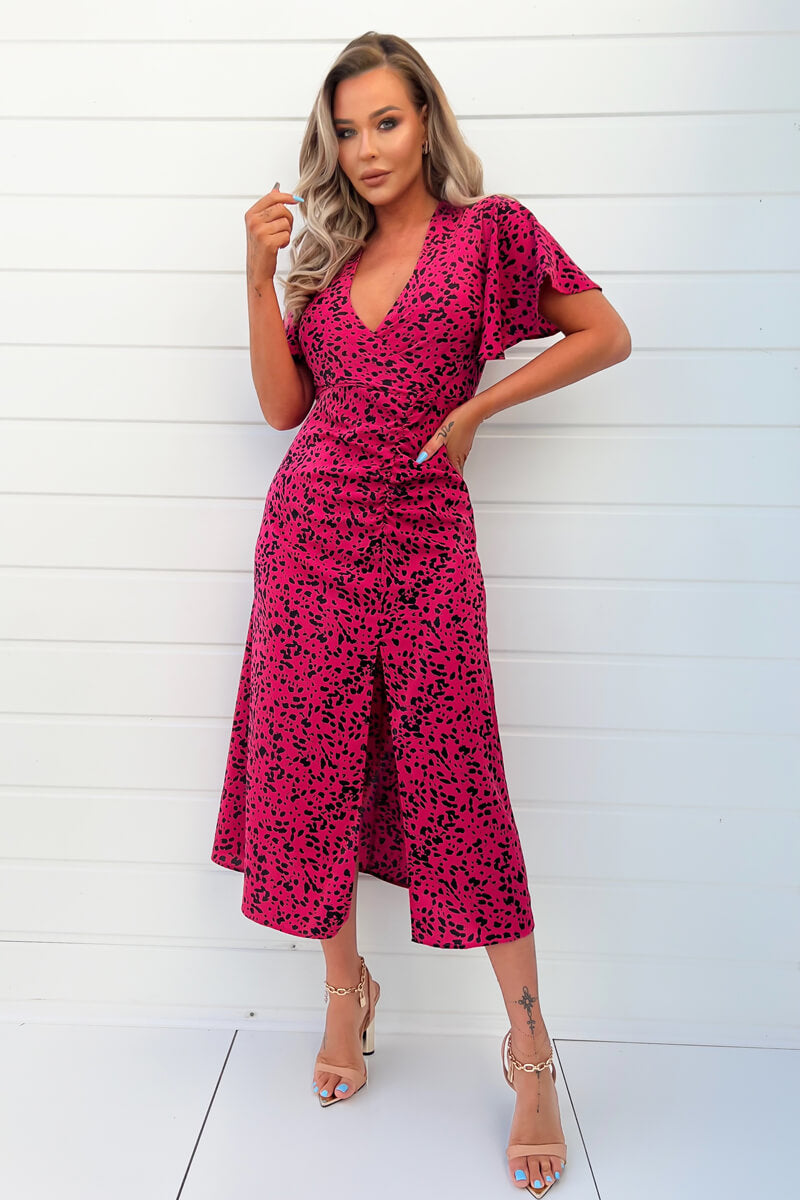 Kikodress - Pink And Black Printed Split Skirt Midi Dress