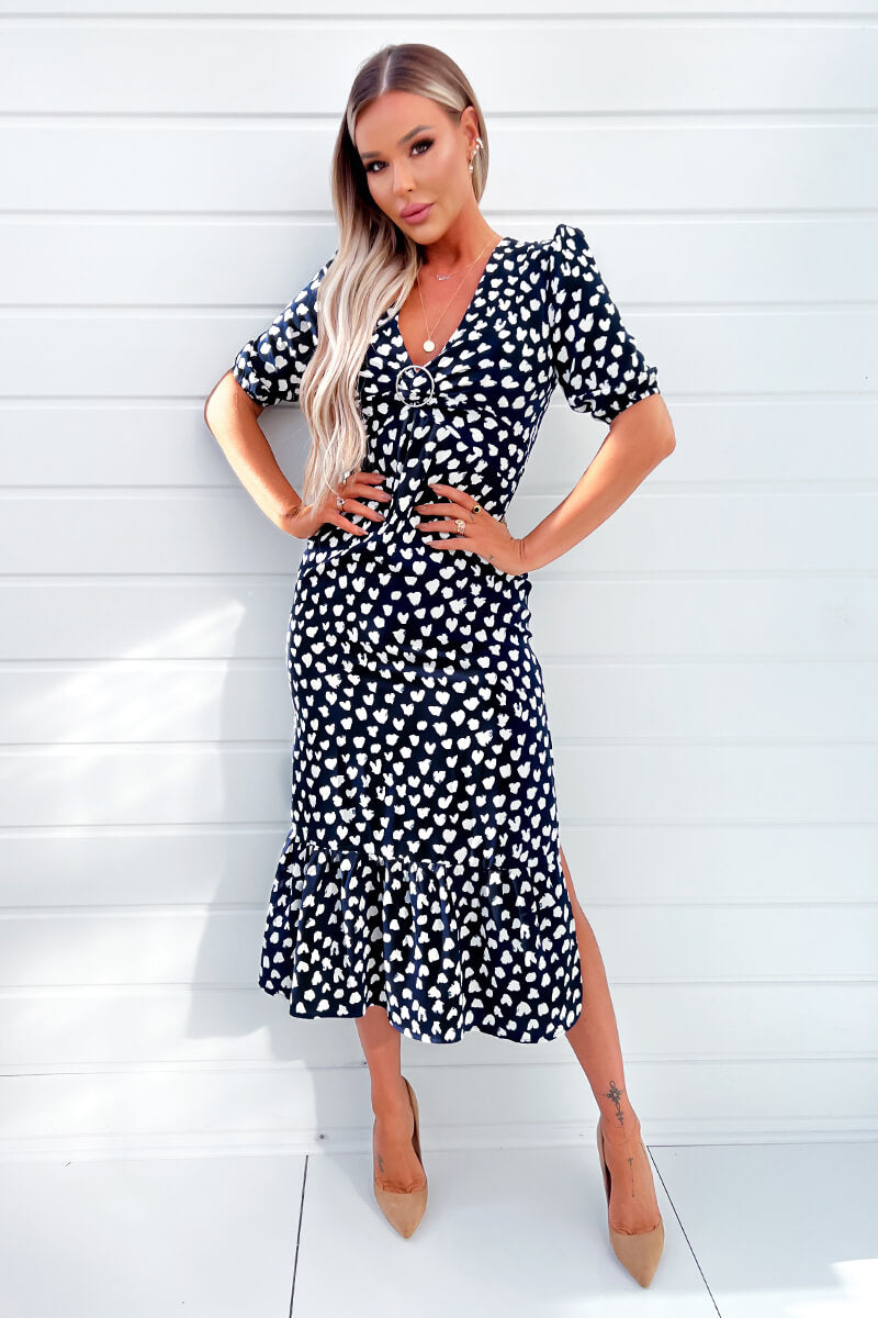 Kikodress - Navy Heart Printed Hoop Knot Short Sleeve Midi Dress