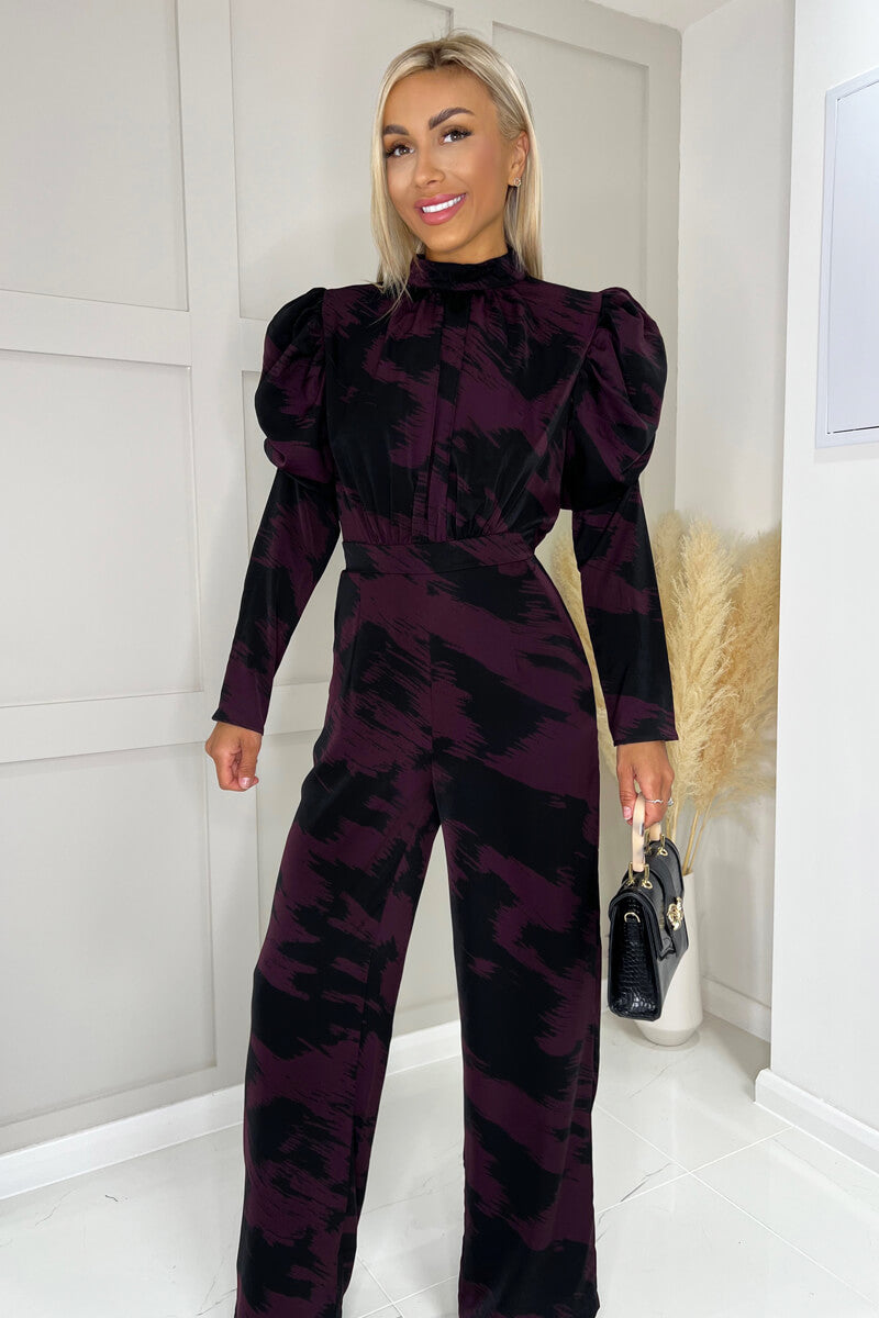 Kikodress - Wine Printed High Neck Puff Sleeve Jumpsuit