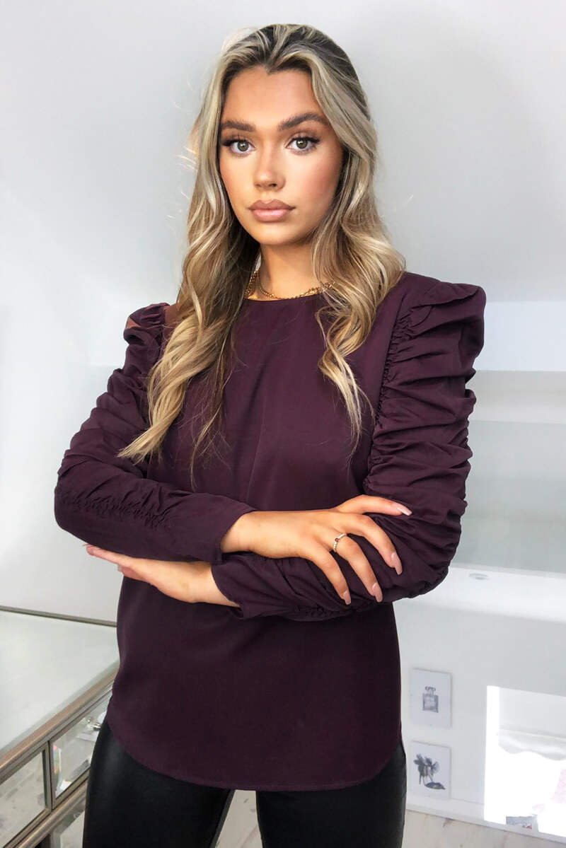 Kikodress - Plum Ruched Sleeve Top