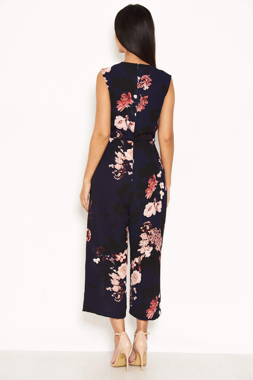 Kikodress - Navy Floral Culotte Jumpsuit With V Neck