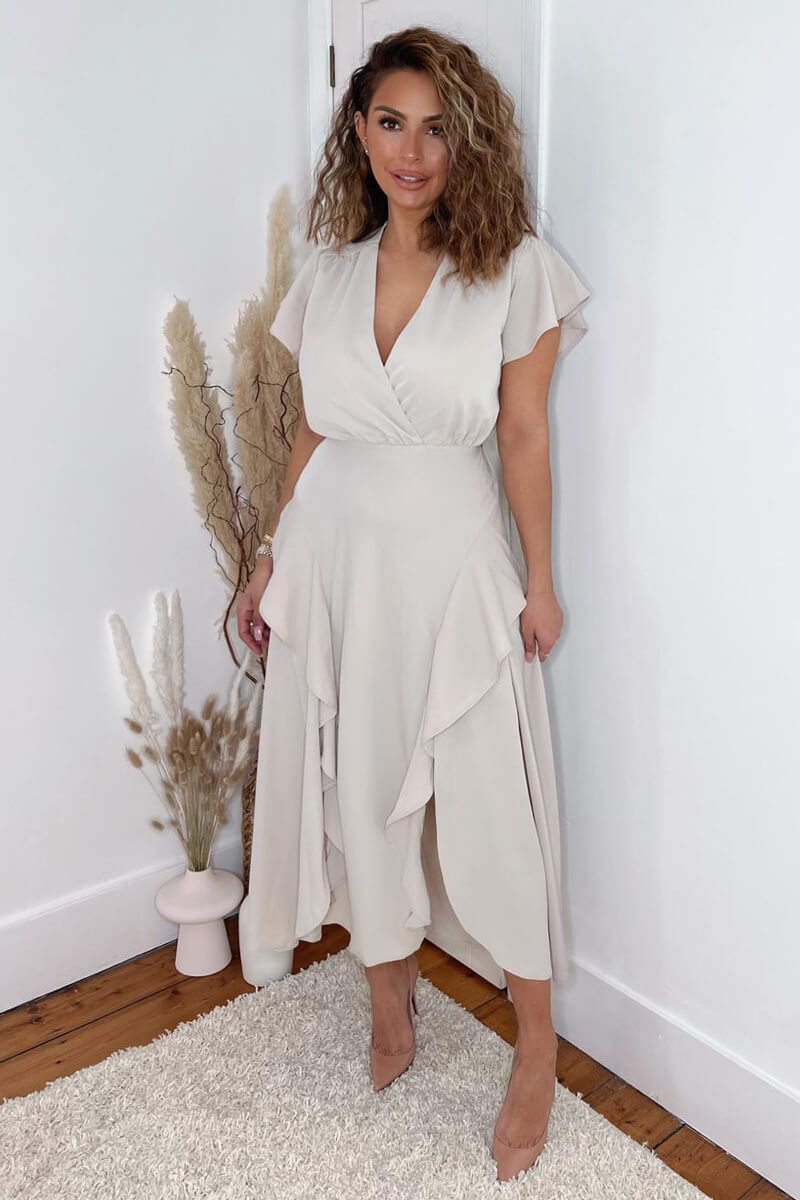 Kikodress - Stone Frill Detail Double Split Skirt Midi Dress