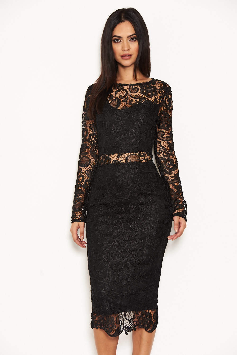 Kikodress - Black Lace Front Midi Dress