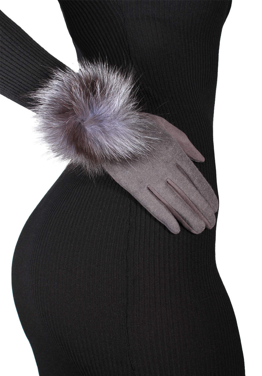 Kikodress - Grey Touch Screen Gloves With Fur Detail