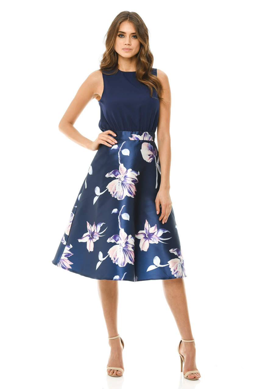 Kikodress - Navy Floral 2 in 1 Midi Skater Dress