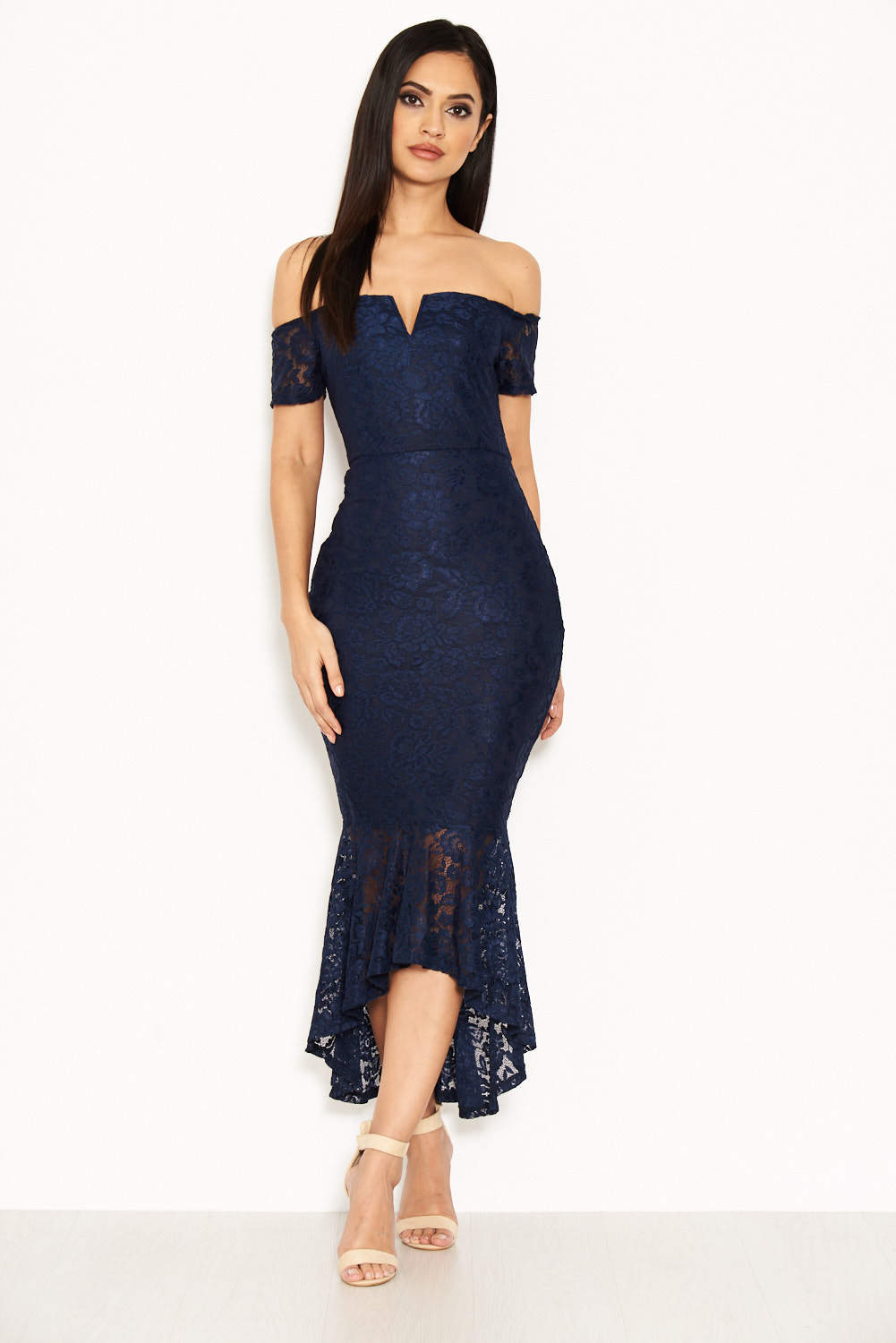 Kikodress - Navy Notch Front Lace Detail Fishtail Dress