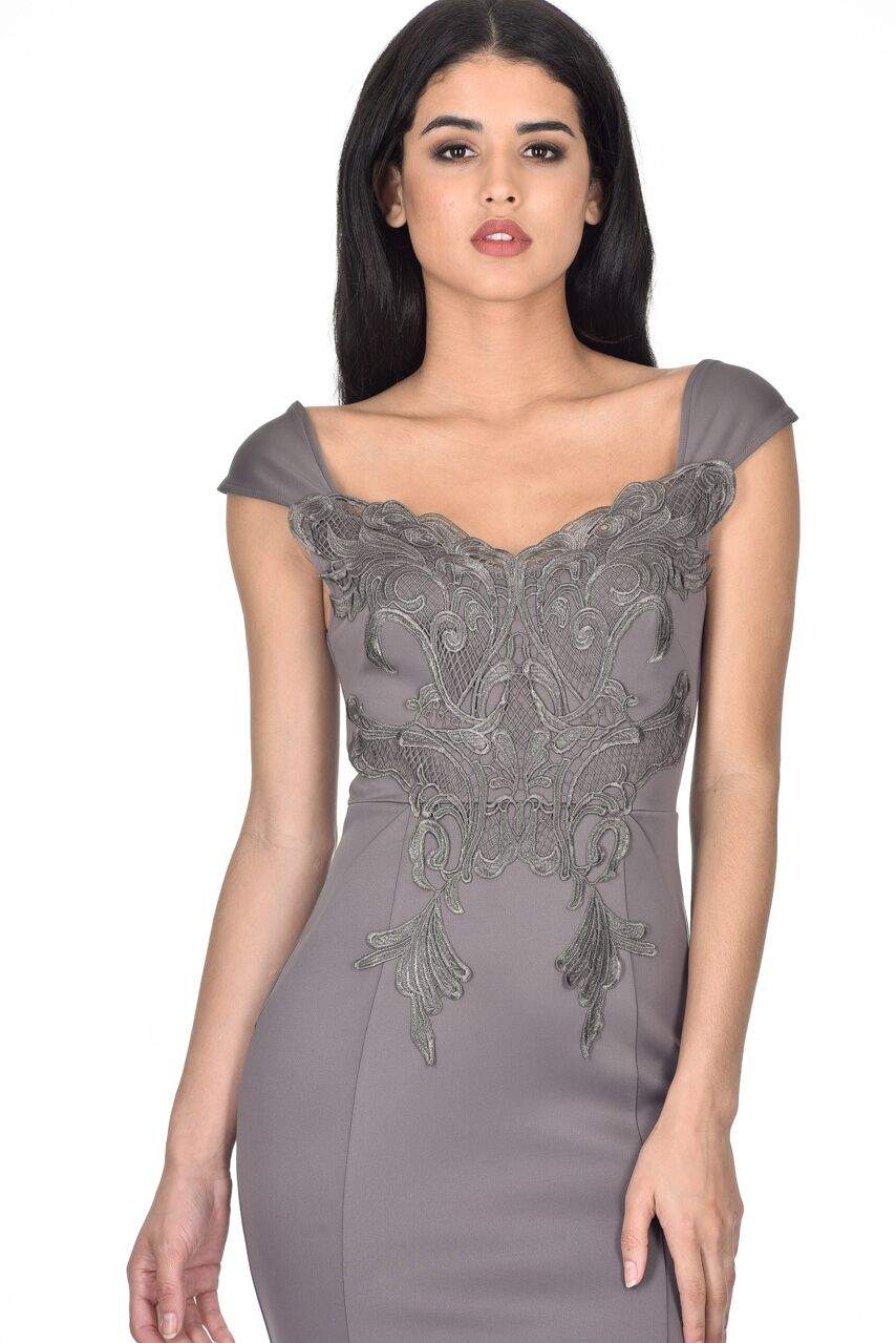 Kikodress - Dark Grey Lace Overlay Maxi Dress
