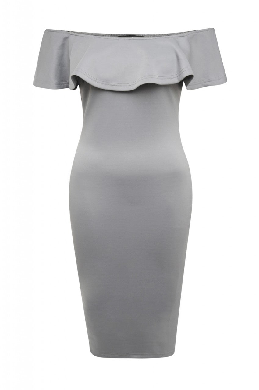 Kikodress - Grey Midi Dress with Off-The-Shoulder Frill Detail
