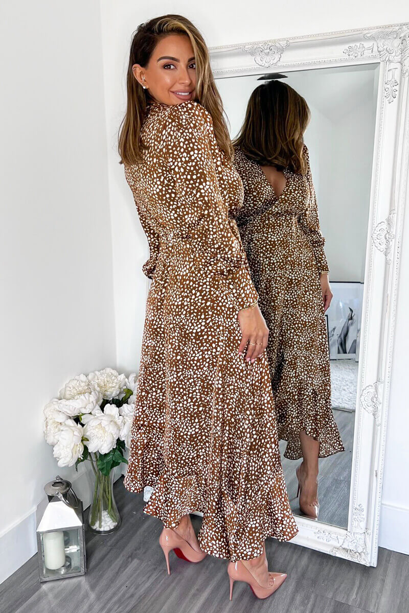 Kikodress - Brown And Cream Printed V-Neck Long Sleeve Midi Dress