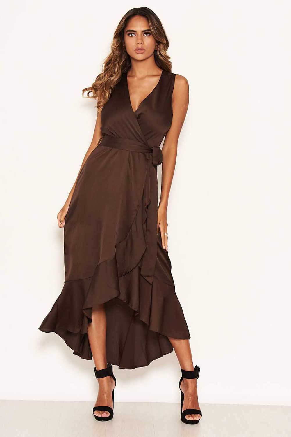 Kikodress - Chocolate Wrap Frill Hem Maxi Dress with Tie Belt