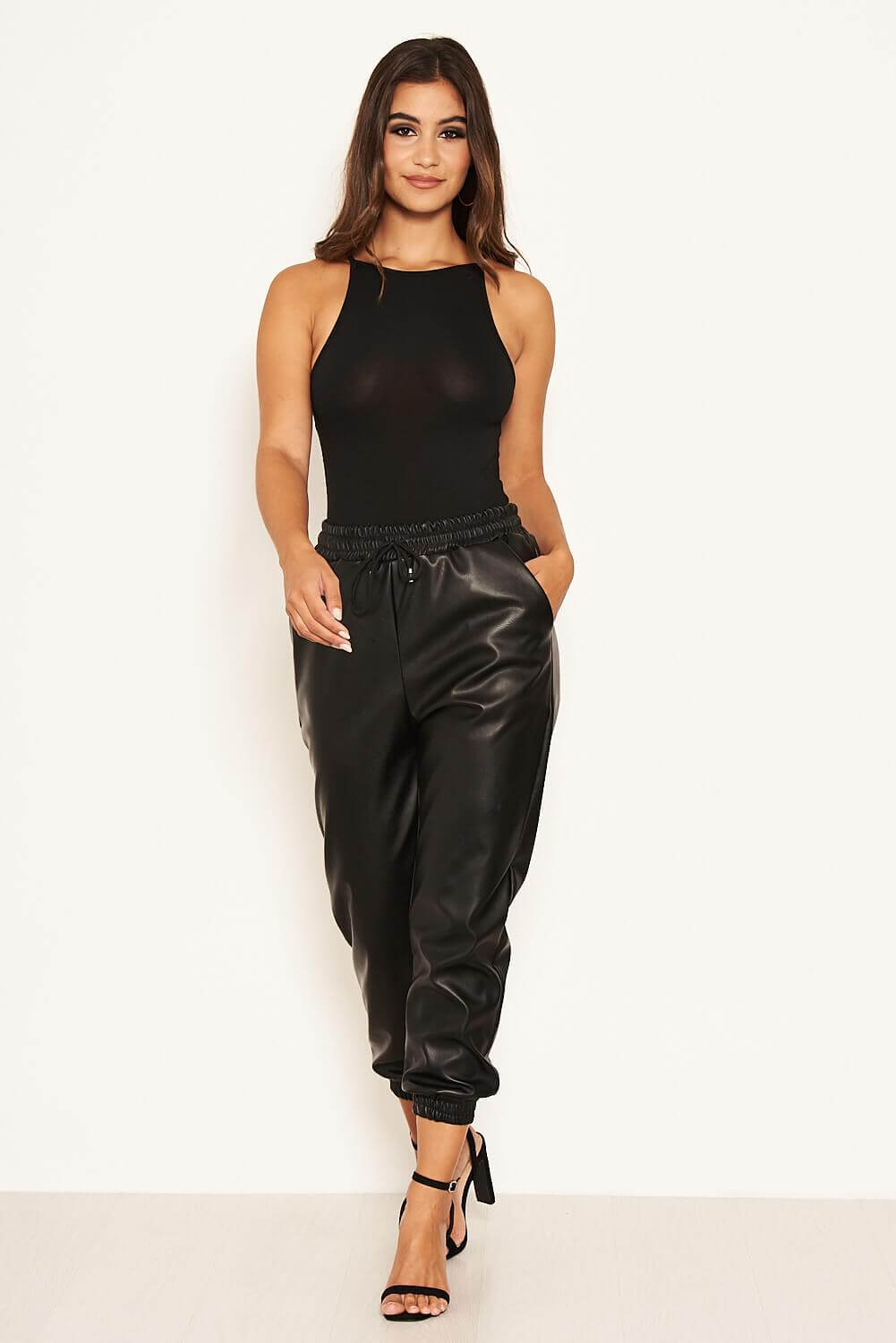 Kikodress - Black Faux Leather Joggers