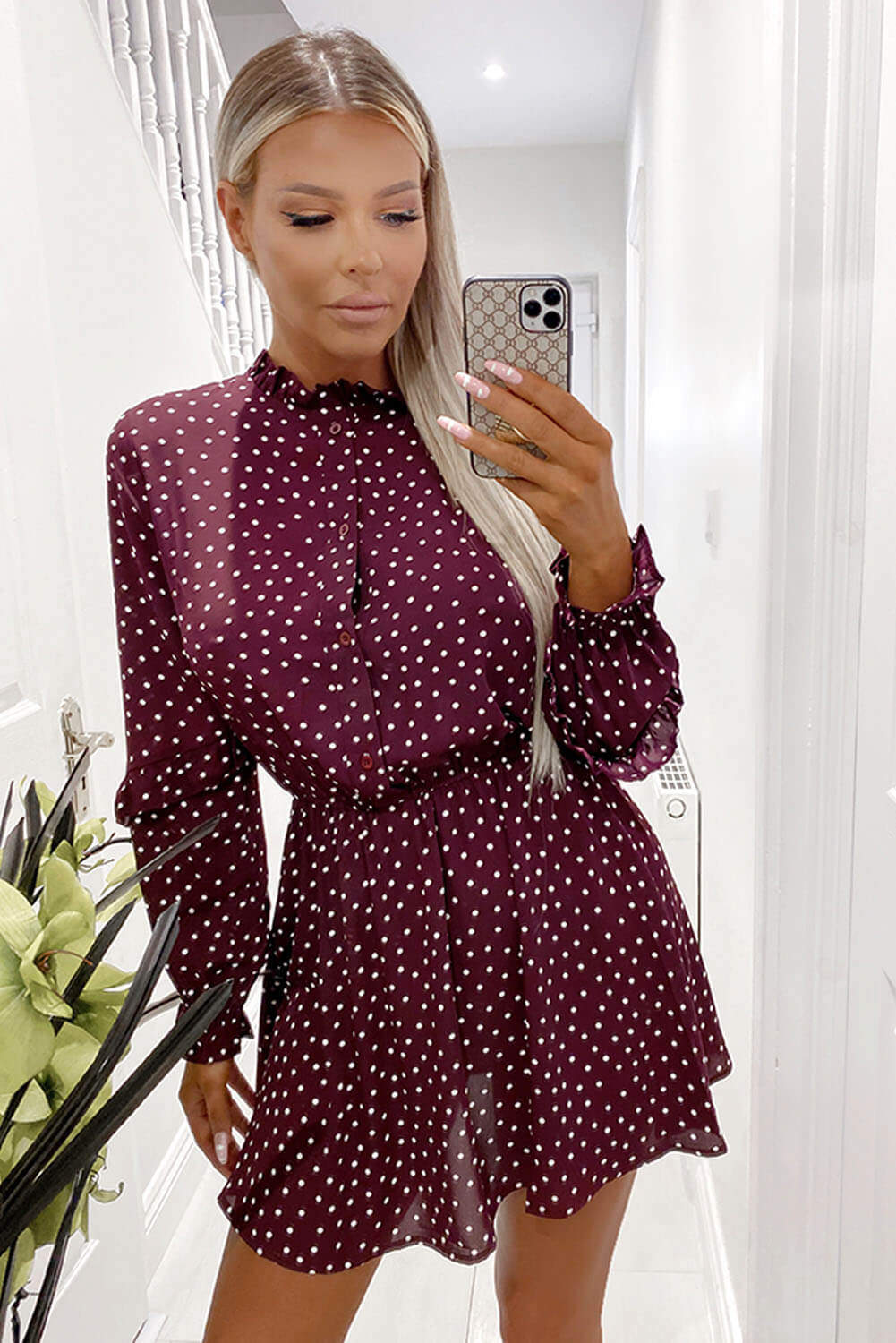 Kikodress - Plum Polka Dot Frill Shirt Dress