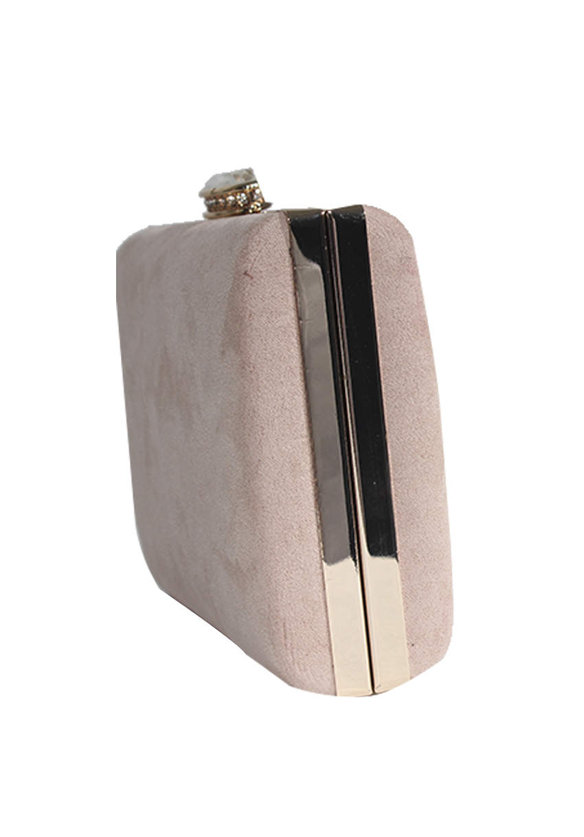 Kikodress - Nude Suede Box Clutch With A Jewel Clasp