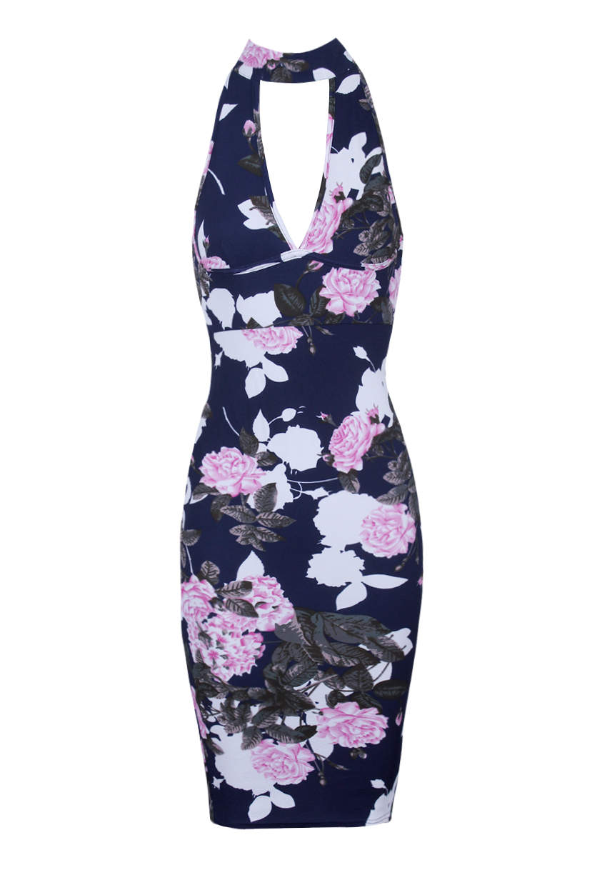 Kikodress - Navy Floral Midi Choker Neck Dress