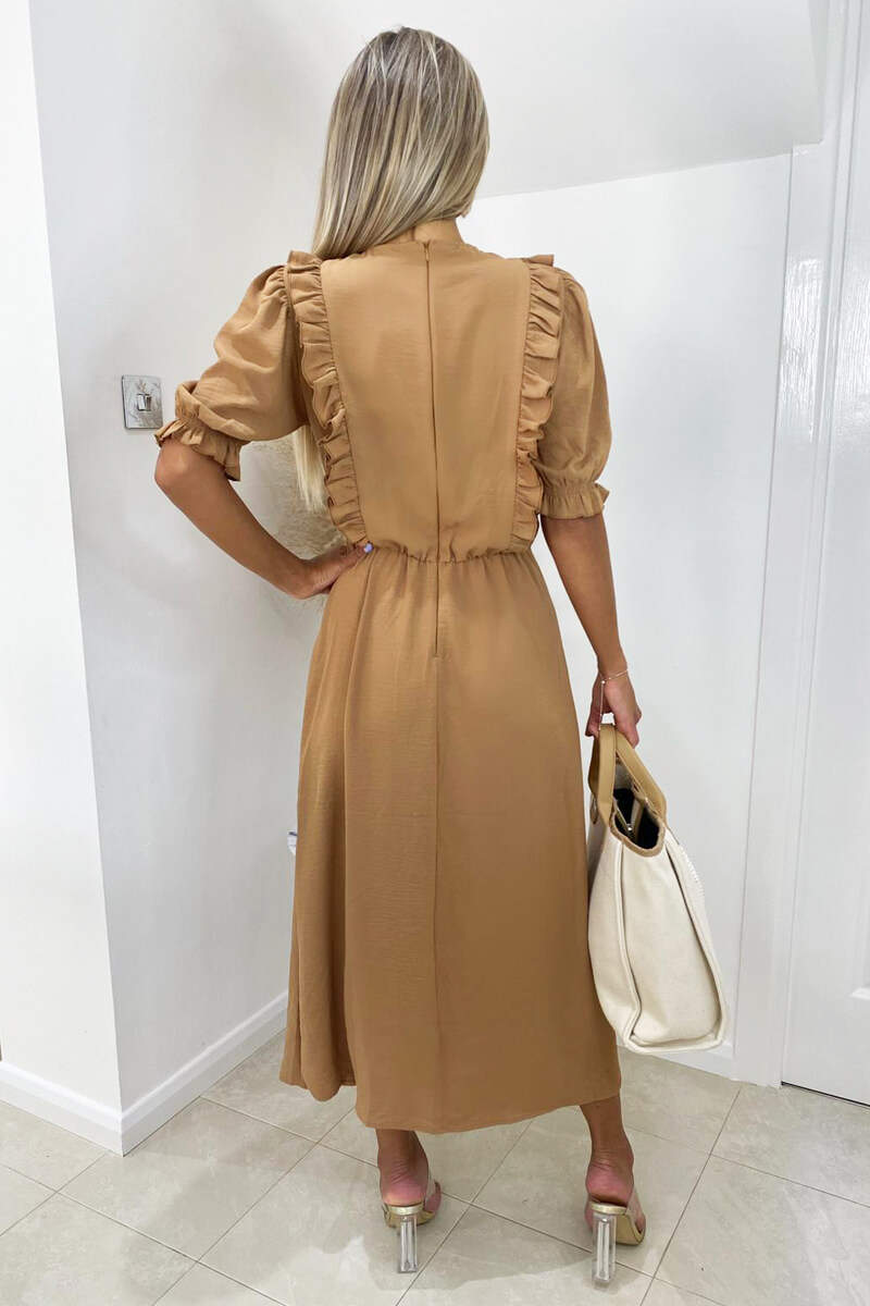 Kikodress - Mocha Ruffle Split Leg Midi Dress