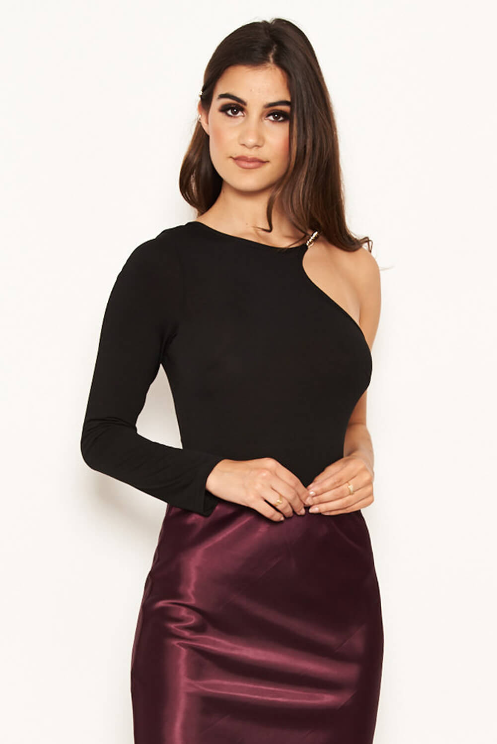 Kikodress - Black One Shoulder Bodysuit with Gold Detailing