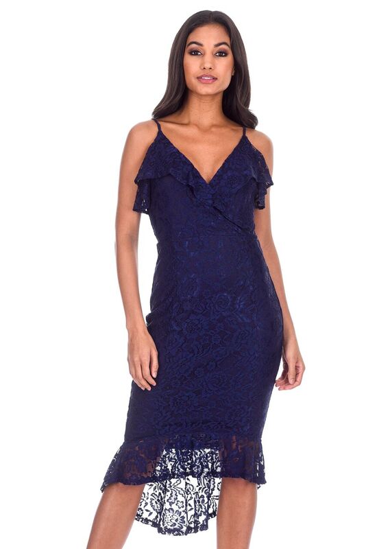 Kikodress - Navy Lace Fishtail Hem Bodycon Dress