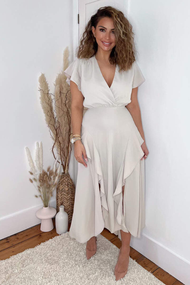 Kikodress - Stone Frill Detail Double Split Skirt Midi Dress