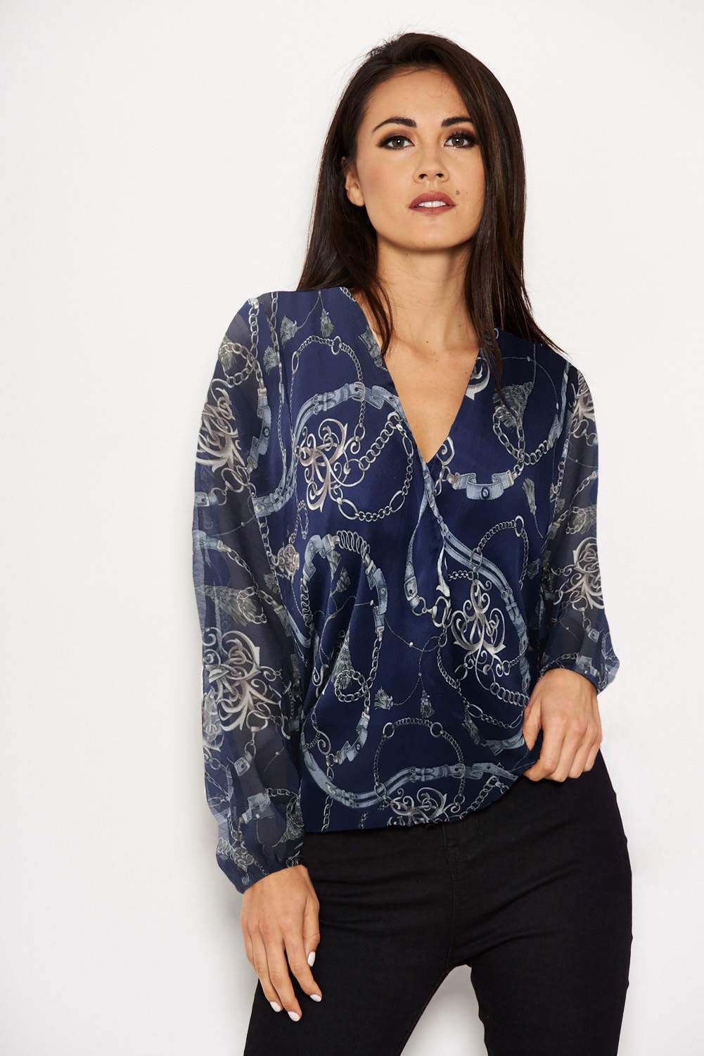 Kikodress - Navy Chain Print Wrap Top