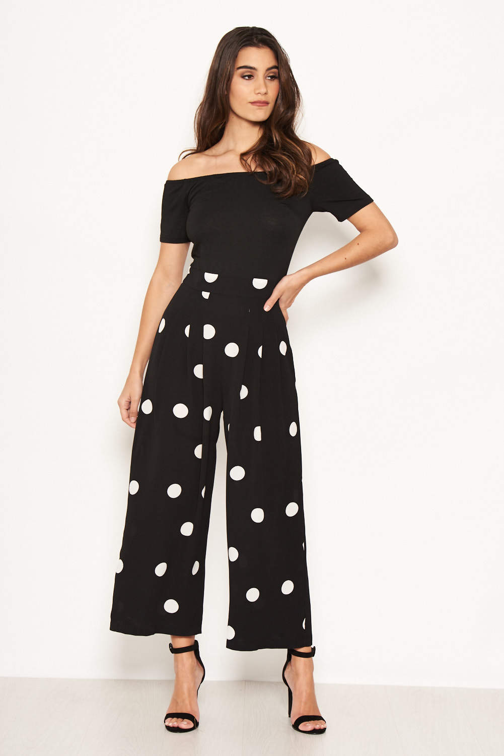 Kikodress - Black Spot Print Bardot Jumpsuit