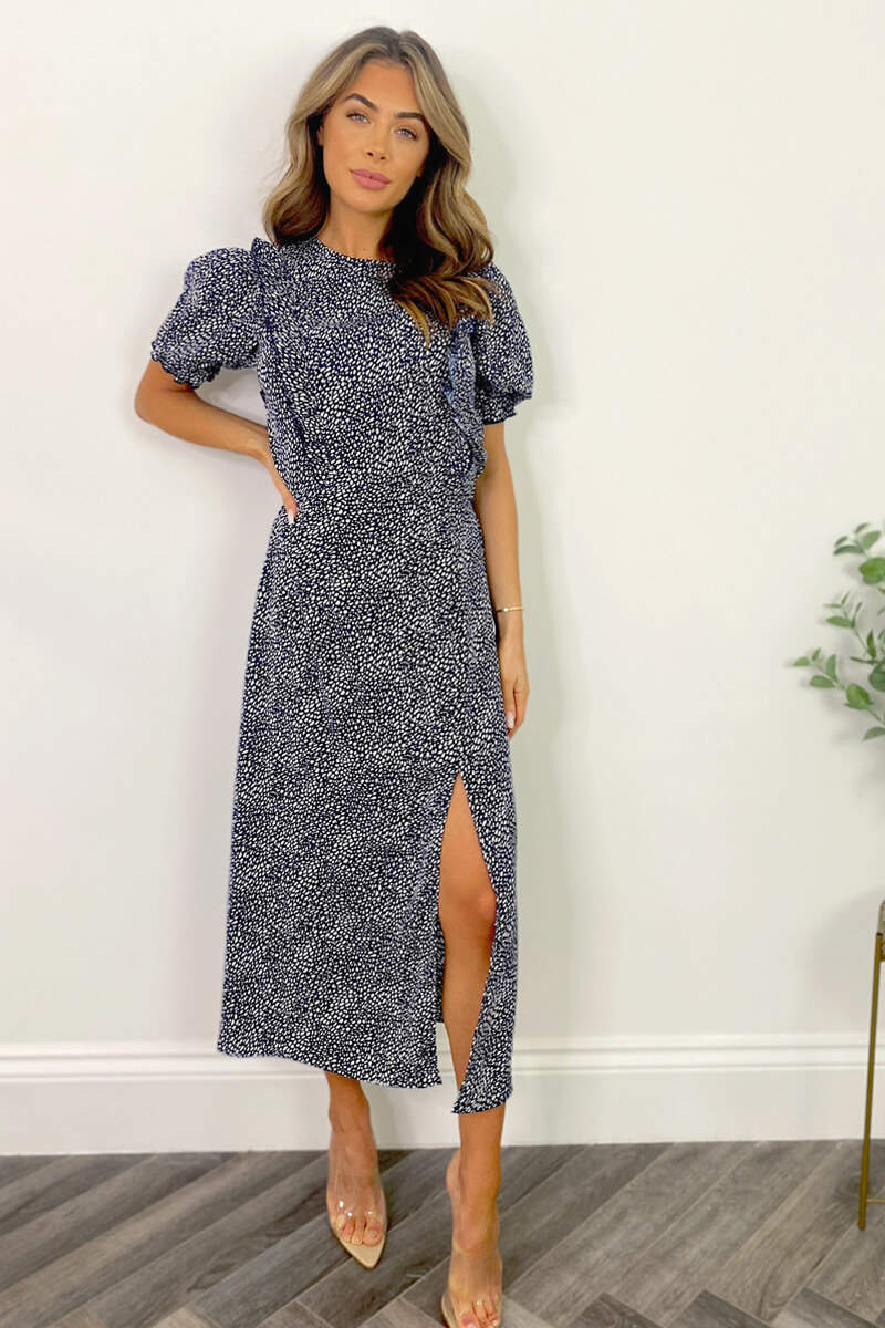 Kikodress - Navy And White Printed Ruffle Front Midi Dress