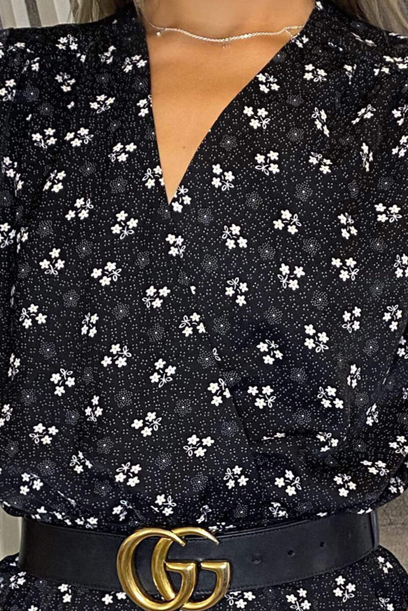 Kikodress - Black Ditsy Floral Wrap Over Jumpsuit