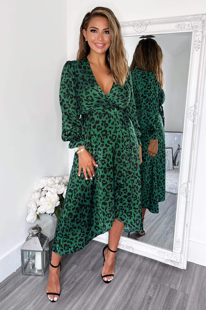 Kikodress - Green And Black Animal Printed Wrap Over Midi Dress