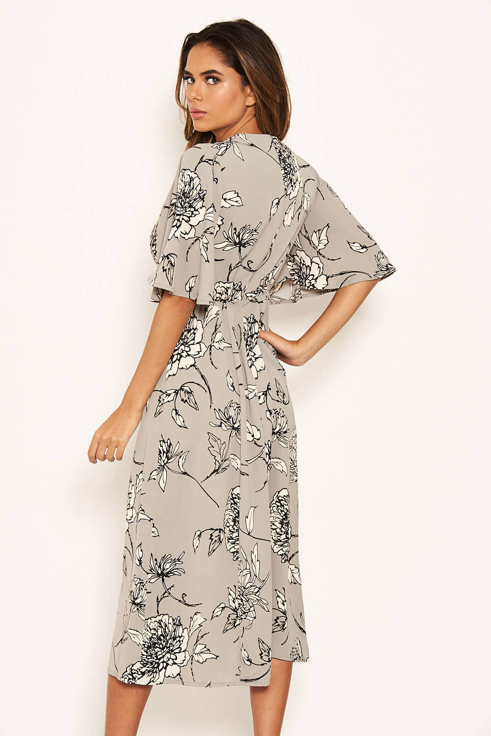 Kikodress - Grey Floral Gathered Split Midi Dress