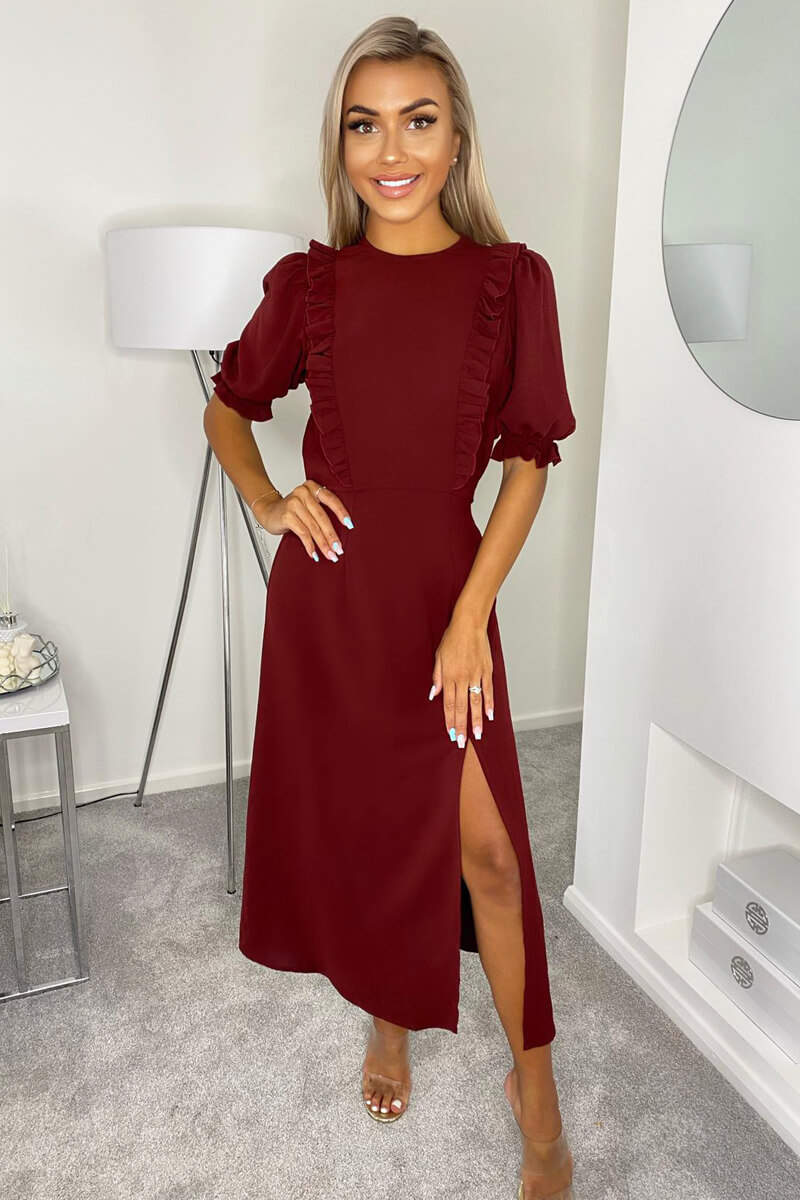 Kikodress - Wine Ruffle Split Leg Midi Dress