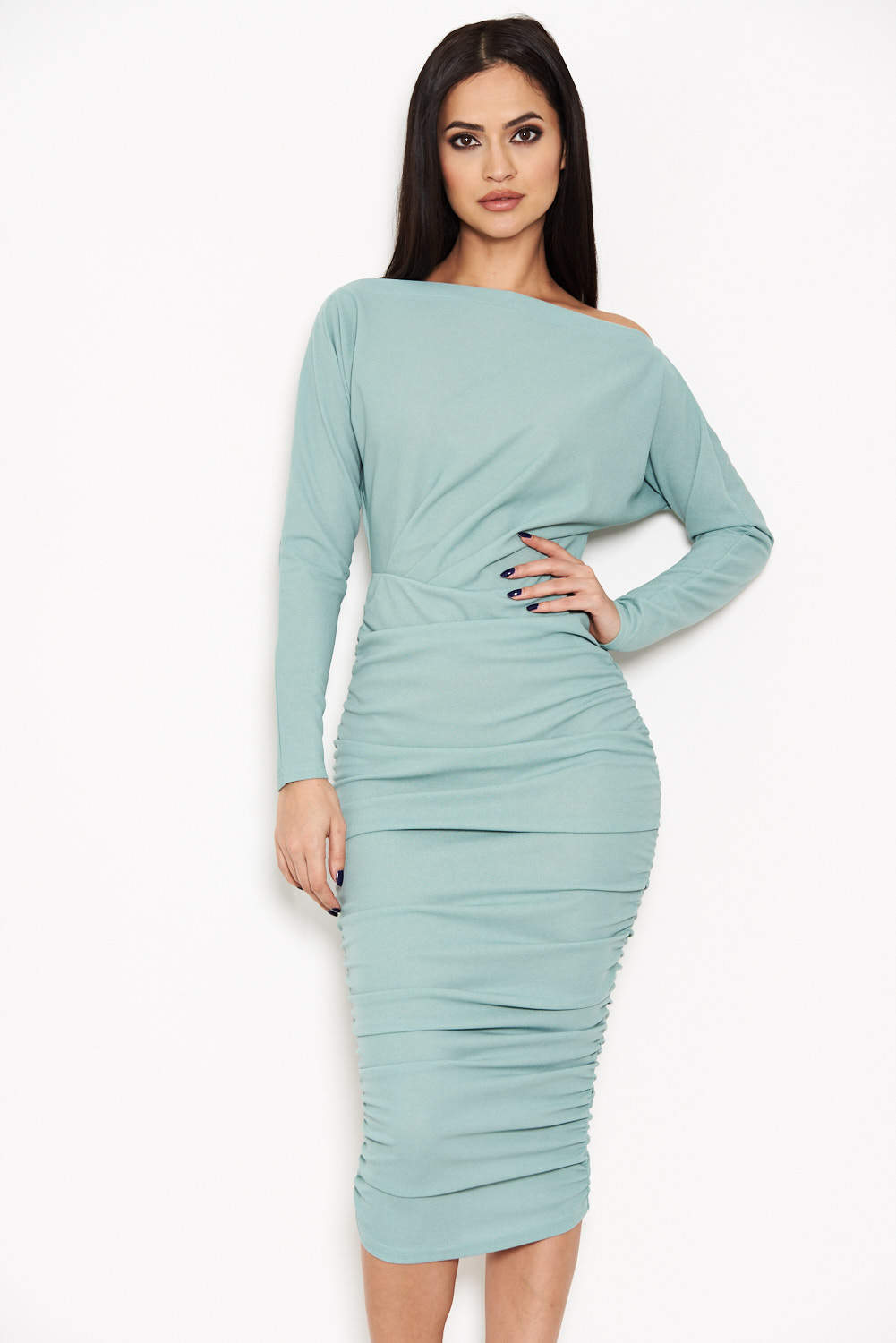 Kikodress - Duck Egg Off Shoulder Ruched Dress