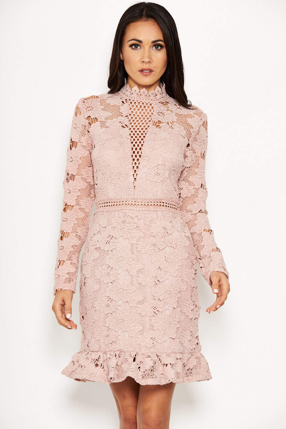 Kikodress - Nude Lace Dress With Frill Hem And Cut Out Back