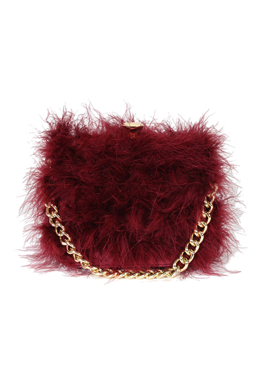 Kikodress - Burgundy Feather Gold Chain Clutch Bag