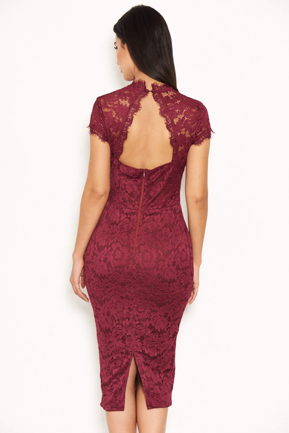 Kikodress - Plum Lace Open Back Bodycon Midi Dress