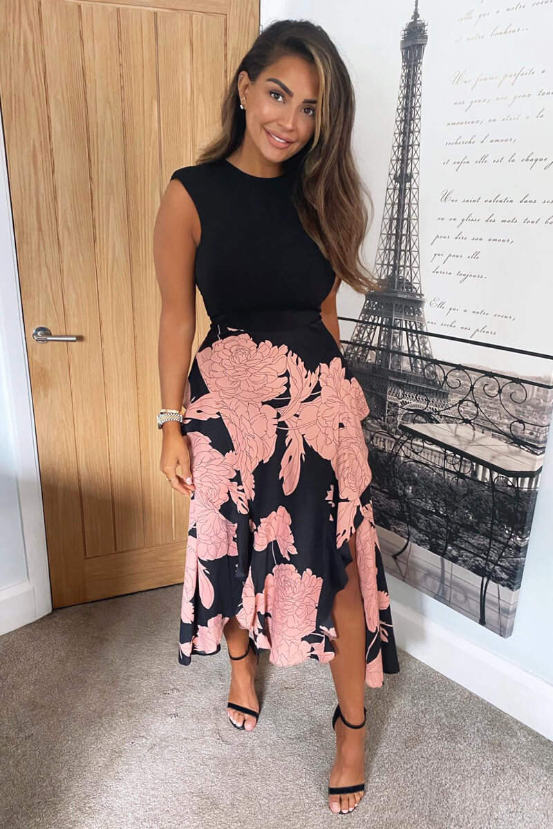 Kikodress - Black and Blush Floral Print 2 in 1 Midi Dress